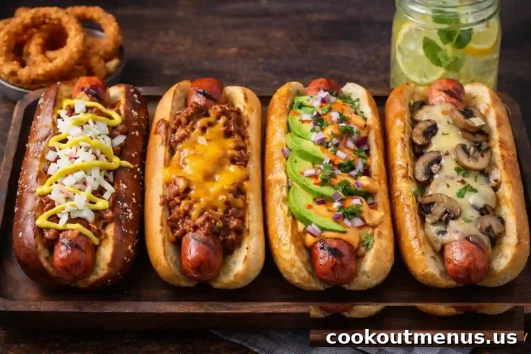 Different Cookout Hot Dog Styles inlcuding chili cheese and bacon cheddar