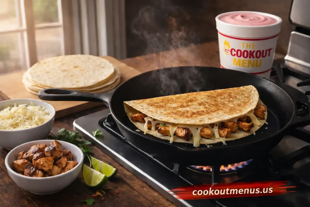 Cookout style quesadilla being cooked in a pan at home